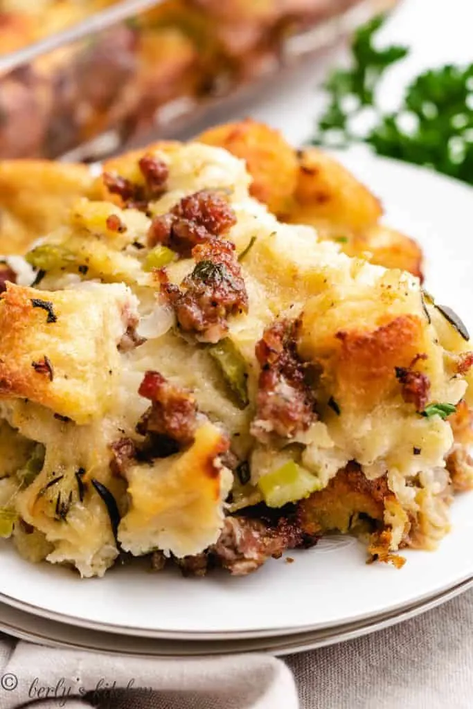 An up-close view of the stuffing on a plate.