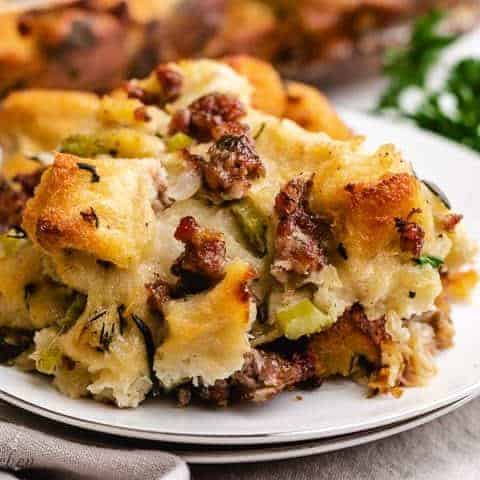 Sausage Stuffing A piece of sausage stuffing on a white plate.