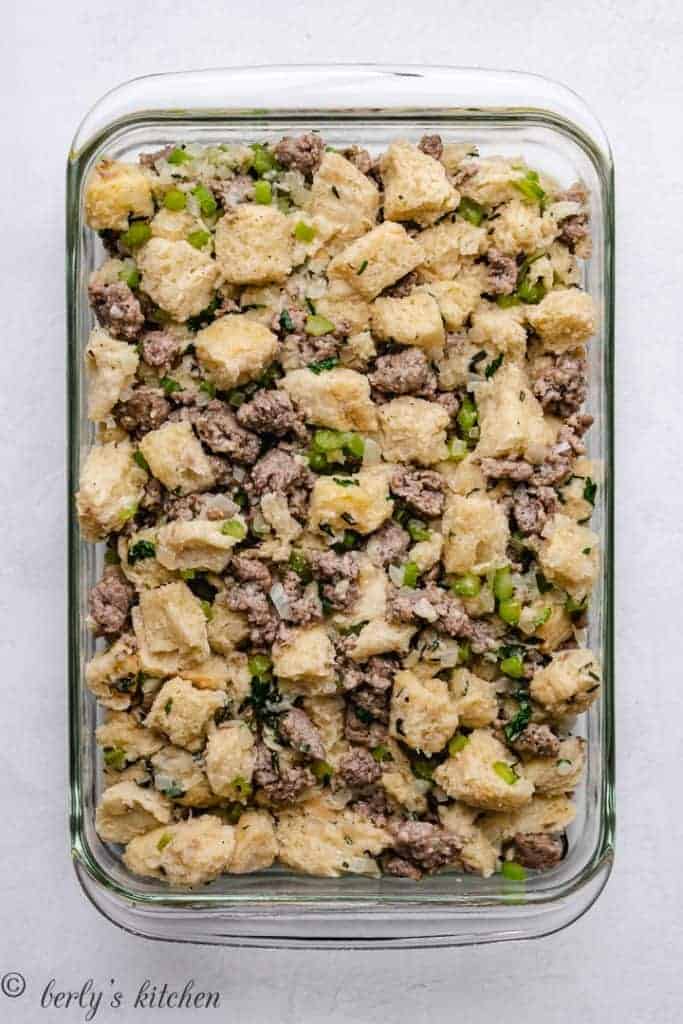 The stuffing mixture transferred to a baking dish.