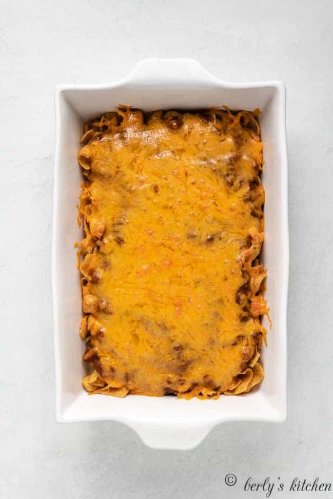 The Frito pie has baked and is ready to serve.