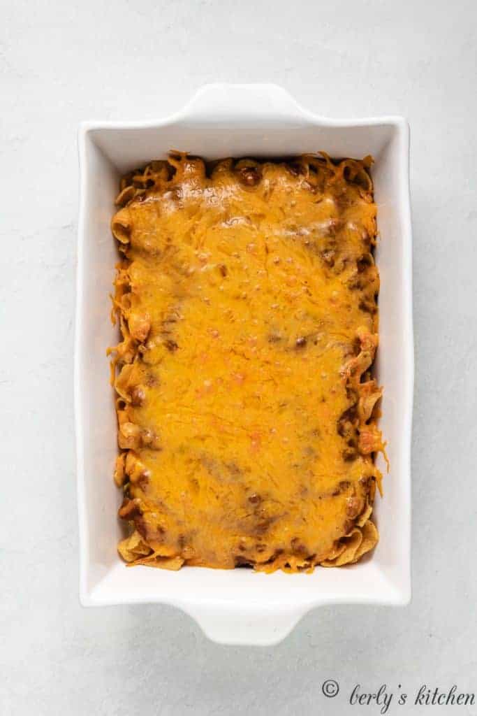 The frito pie has baked and is ready to serve.