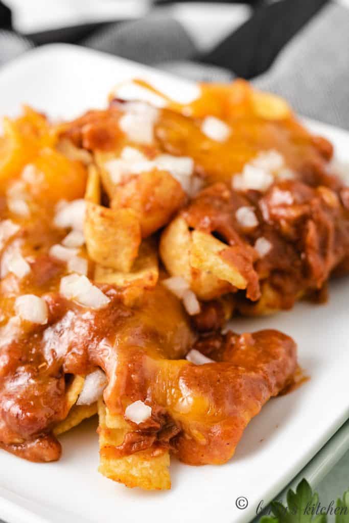 A close-up view of the finished casserole on a square plate.