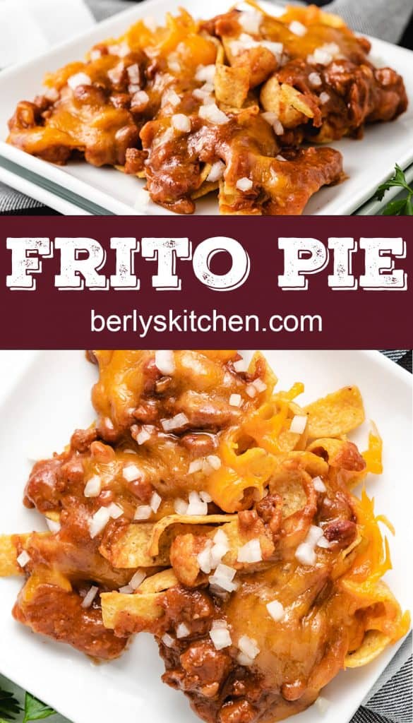 Two stacked photos of the Frito pie served on a plate.
