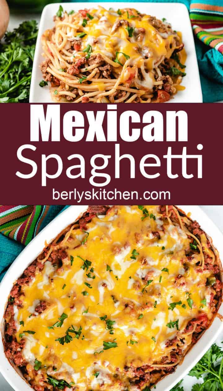 Top down view of mexican spaghetti in a casserole dish.