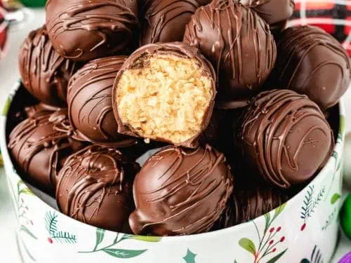 The finished truffles served in a holiday tin.