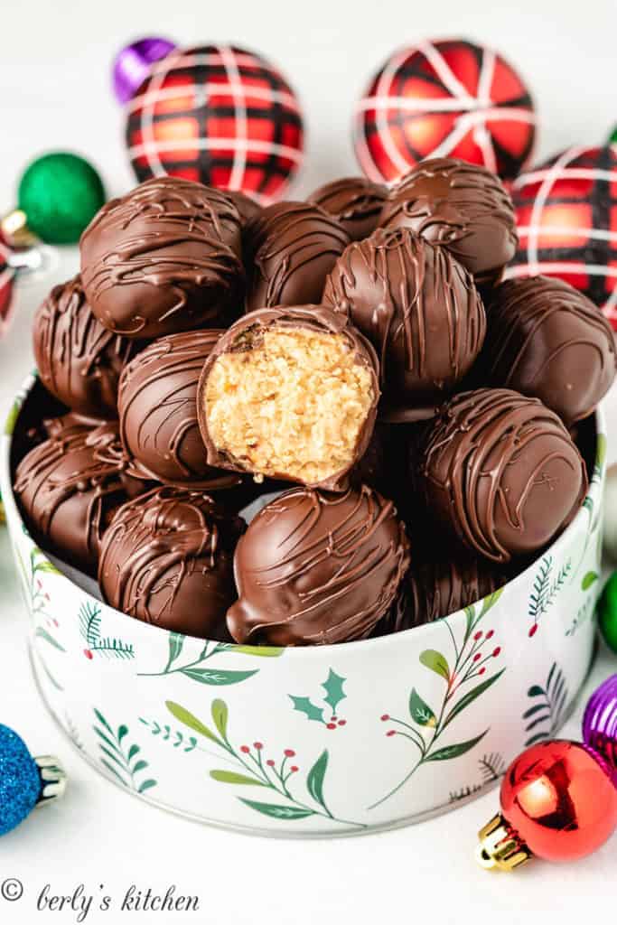 The finished truffles served in a holiday tin.