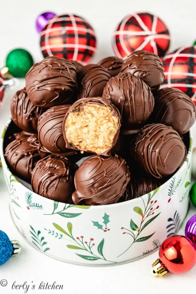 The finished truffles served in a holiday tin.