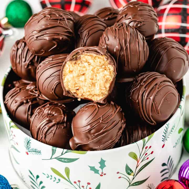 The finished truffles served in a holiday tin.