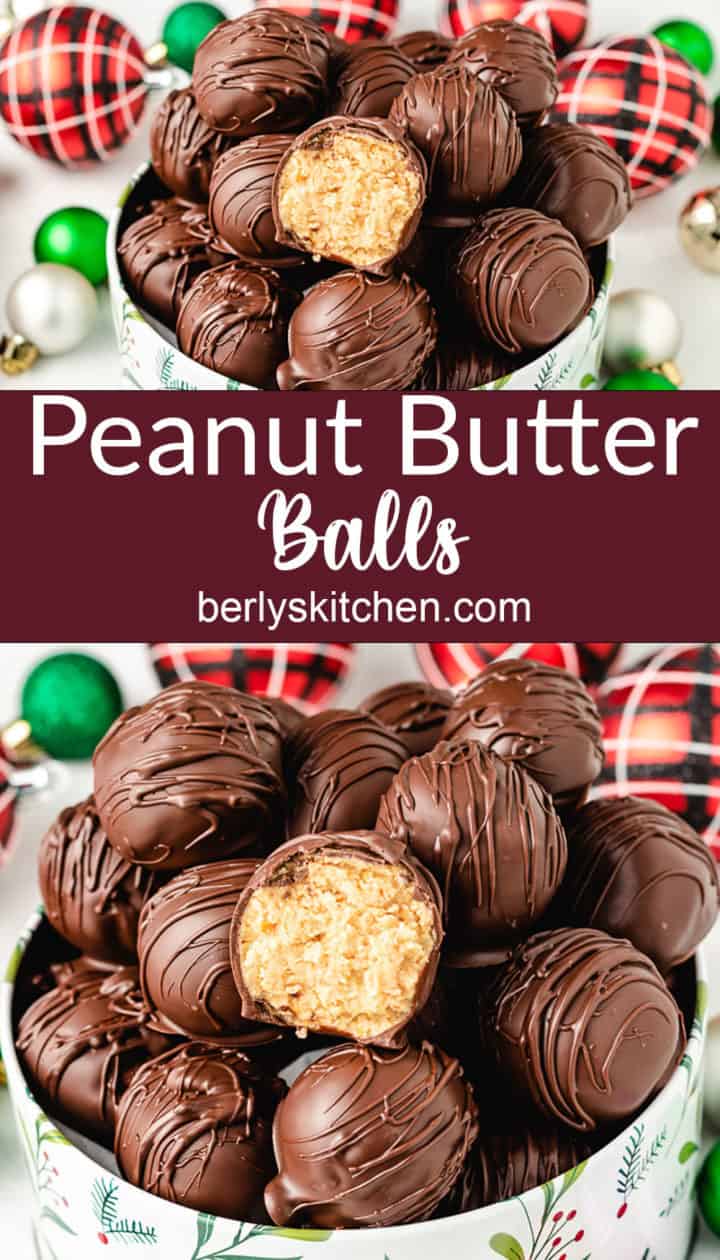 Two stacked photos of the peanut butter balls in decorative tins.