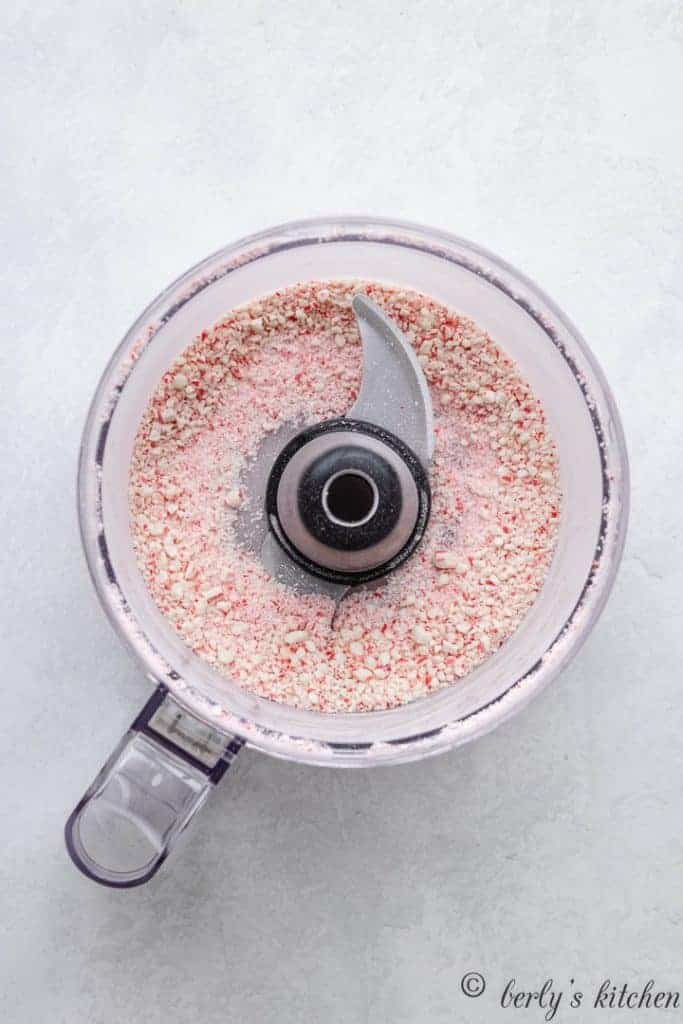 The candy canes crushed in the food processor.