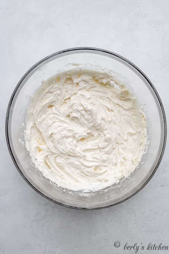 The mixed peppermint frosting in a mixing bowl.