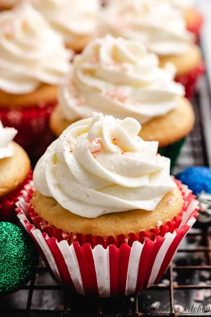 A close-up view of the finished mint cupcakes.