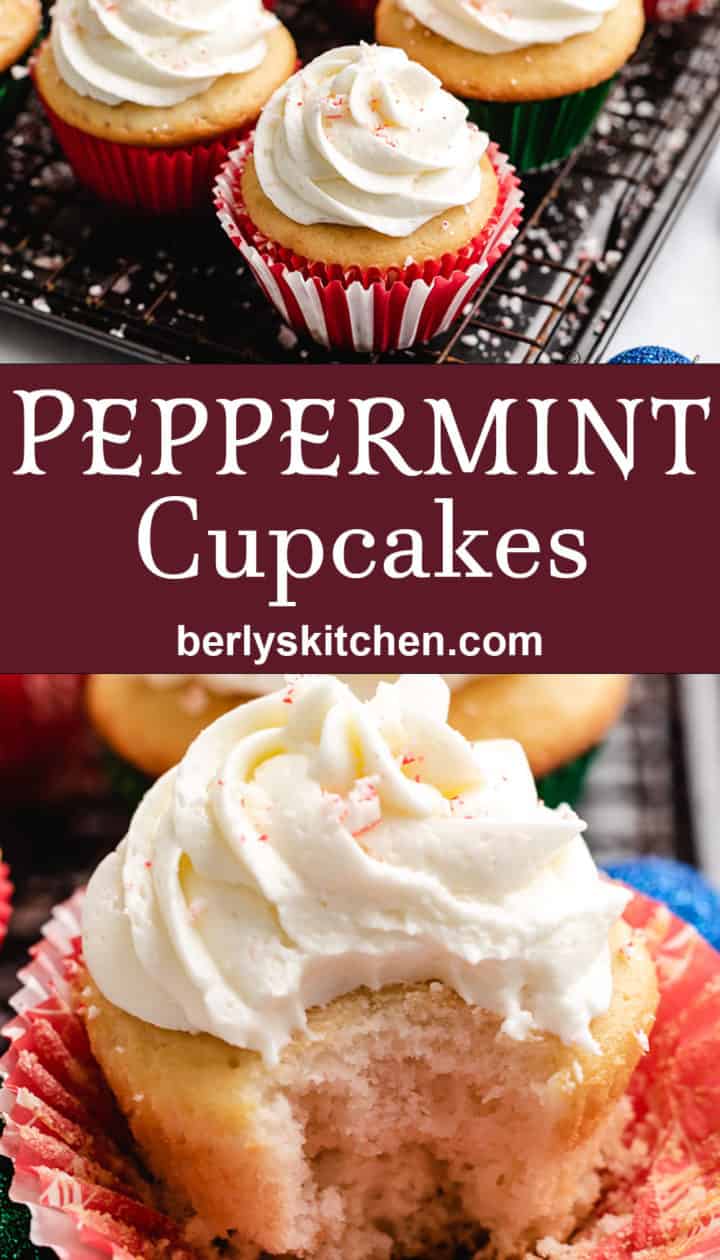 Two stacked photos showing the peppermint cupcakes.