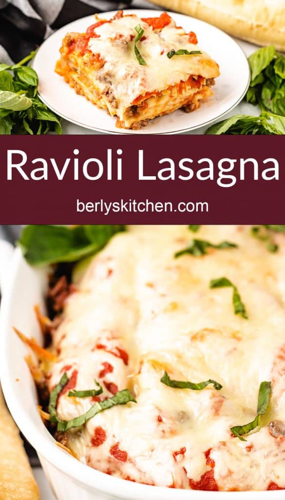 Two photos showing the finished ravioli lasagna.