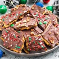 Saltine cracker candy topped with holiday sprinkles.