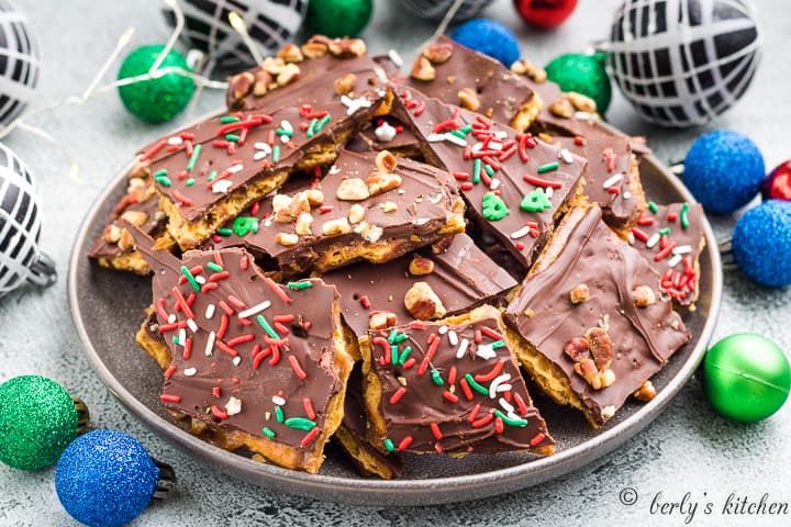 Saltine cracker candy topped with holiday sprinkles.