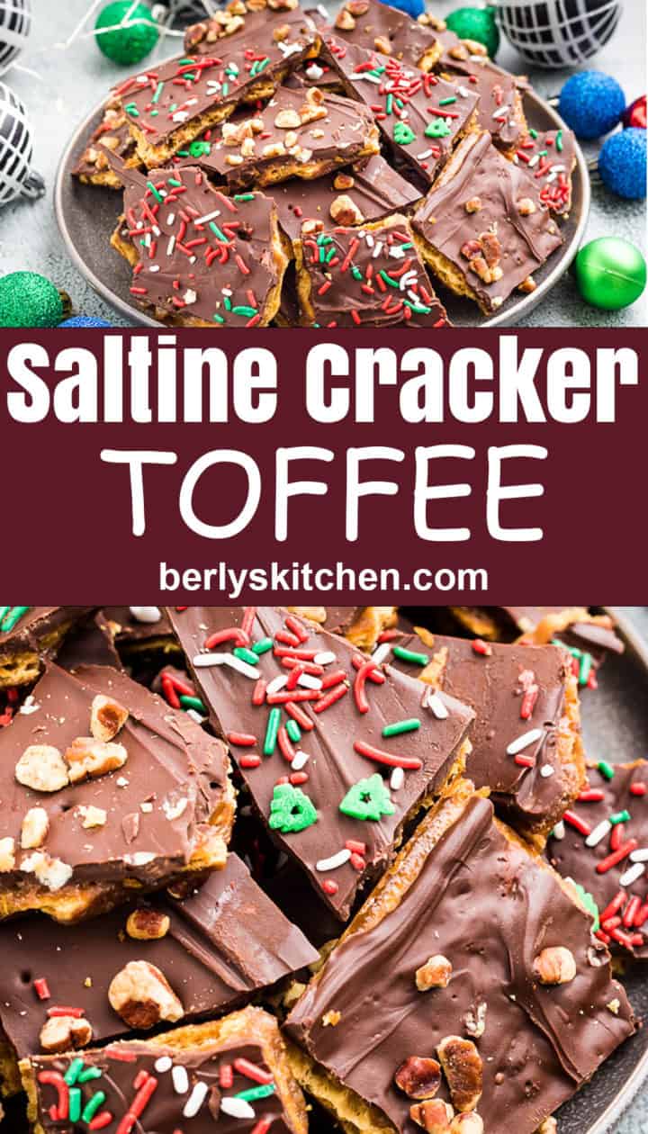 Two stacked photos showing the saltine cracker toffee.
