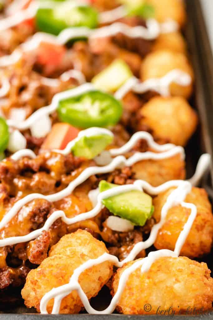 Close up of tater tot nachos.