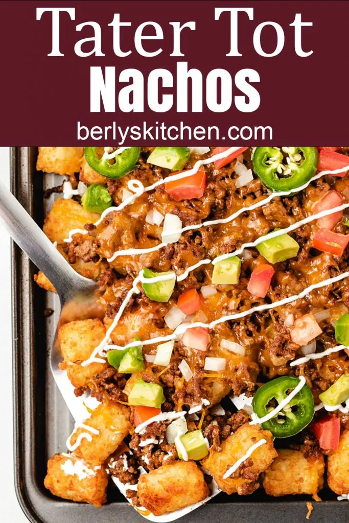 Top down view of totchos on a spatula.