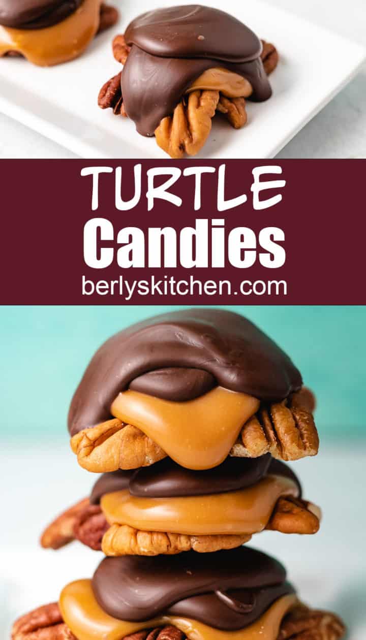 Two photos showing the turtle candies on plates.