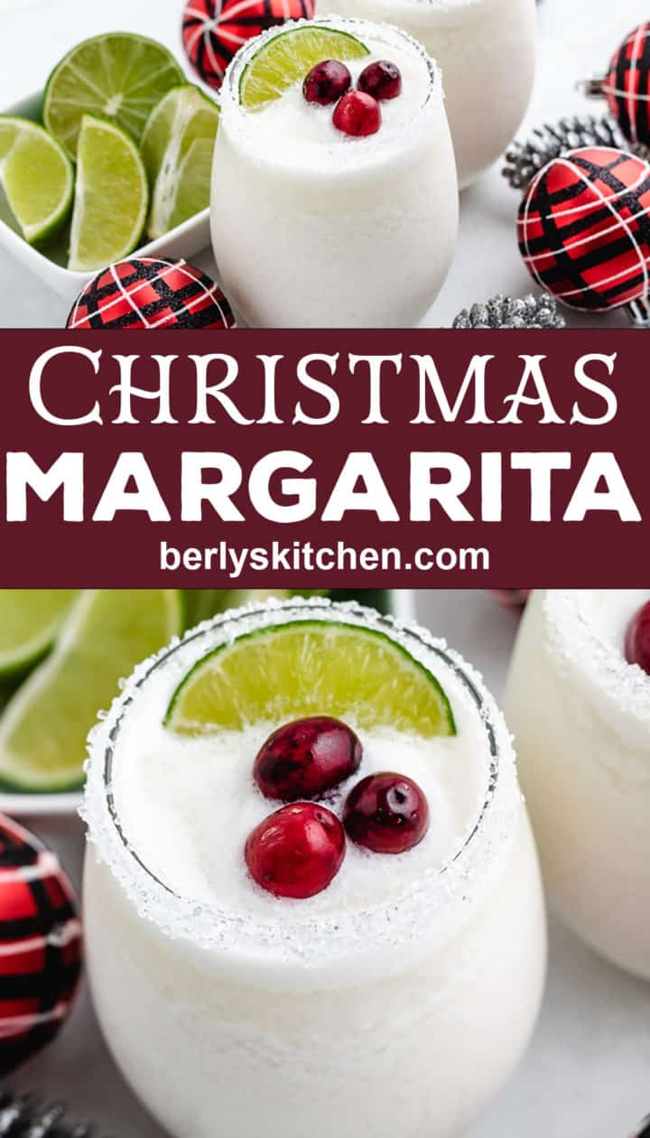 Two stacked photos showing white Christmas margaritas.