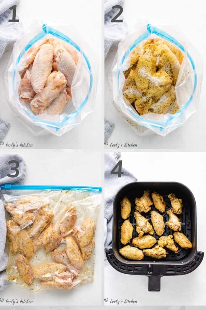 Collage style photo showing the first steps of how to make air fryer lemon pepper wings.