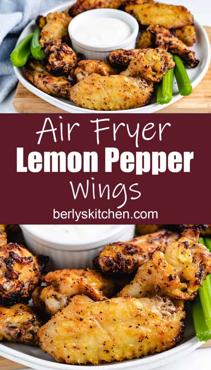 Air fryer chicken wings on a plate with celery.