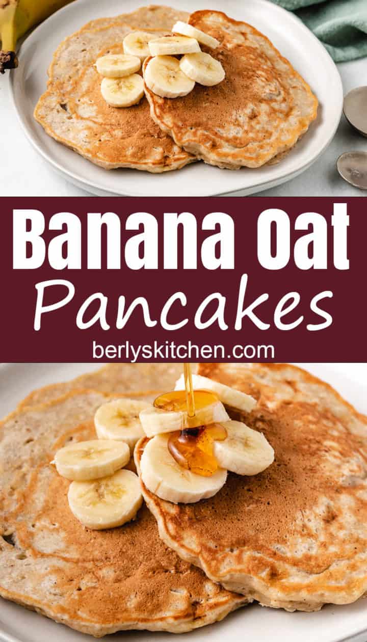 Collage-style photos of banana oat pancakes on a gray plate.