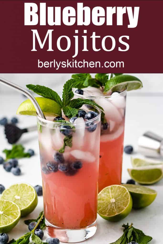 Blueberry mojitos with lime and mint.