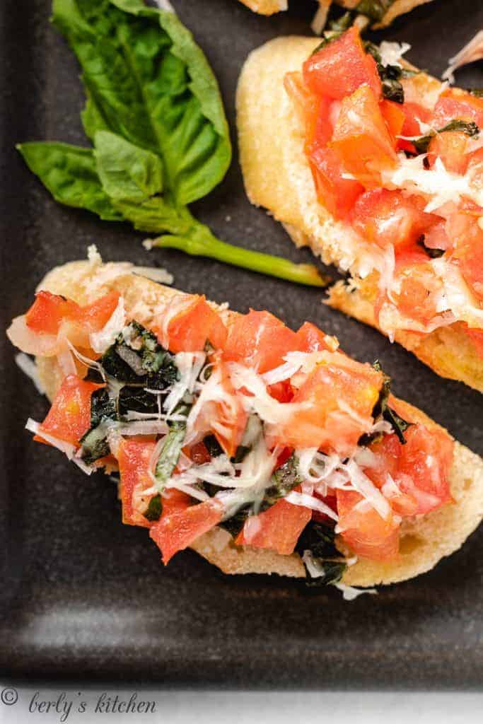 Close up photo of bruschetta on toast.