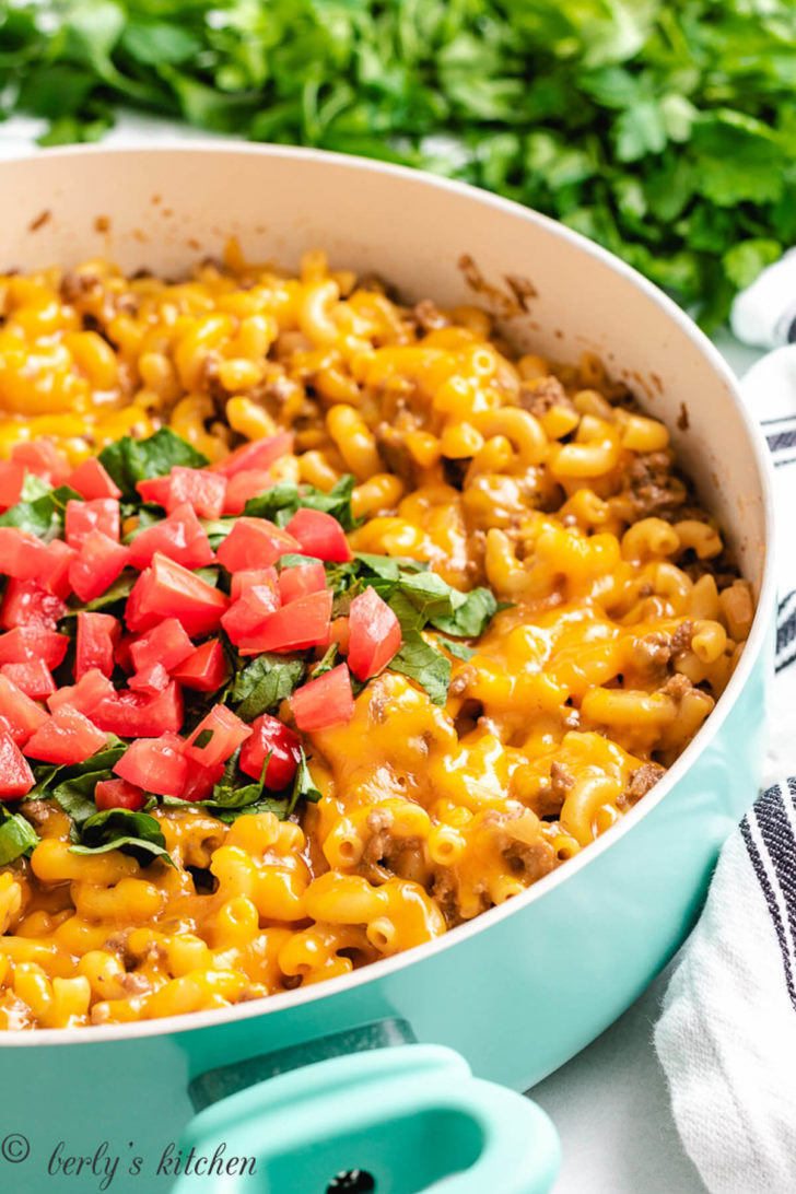Cheeseburger Casserole Cheeseburger casserole in a blue skillet.