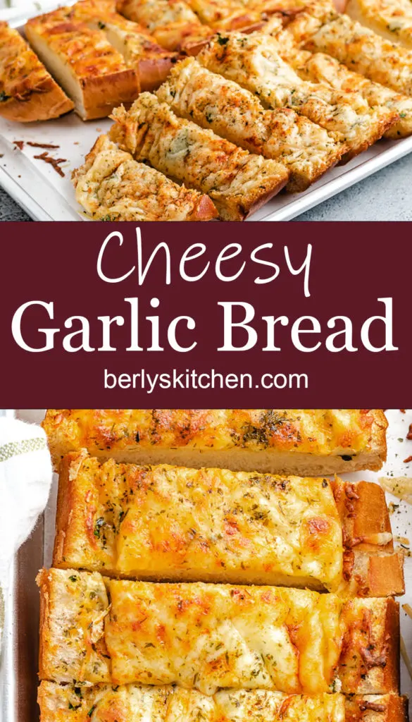 Two collage style photos of cheesy garlic bread.