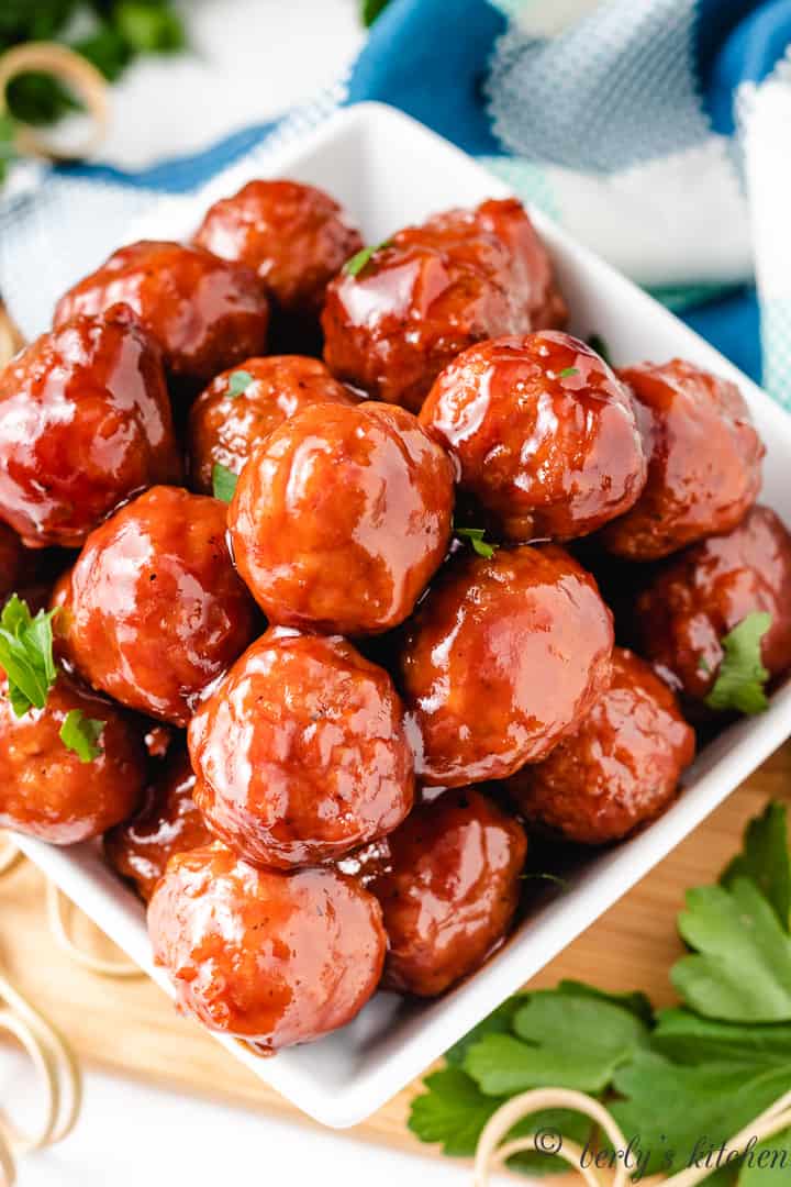 BBQ Meatballs in a white dish.