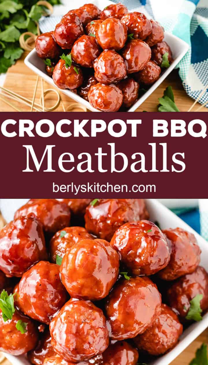 Two photos of sauced crockpot meatballs.