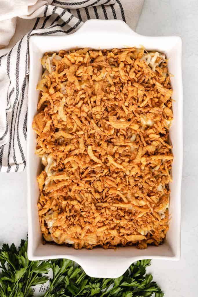 Casserole topped with french fried onions.