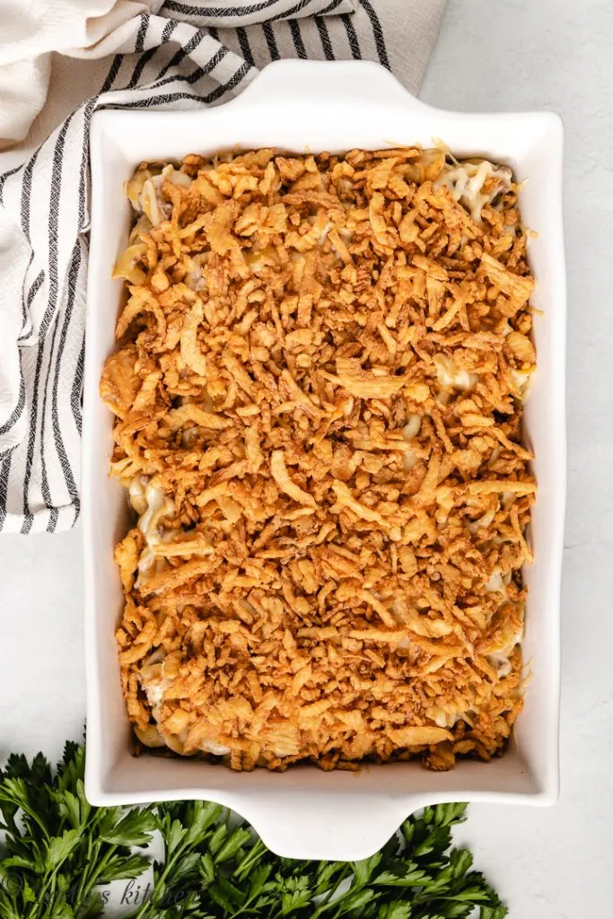 Casserole topped with French fried onions.