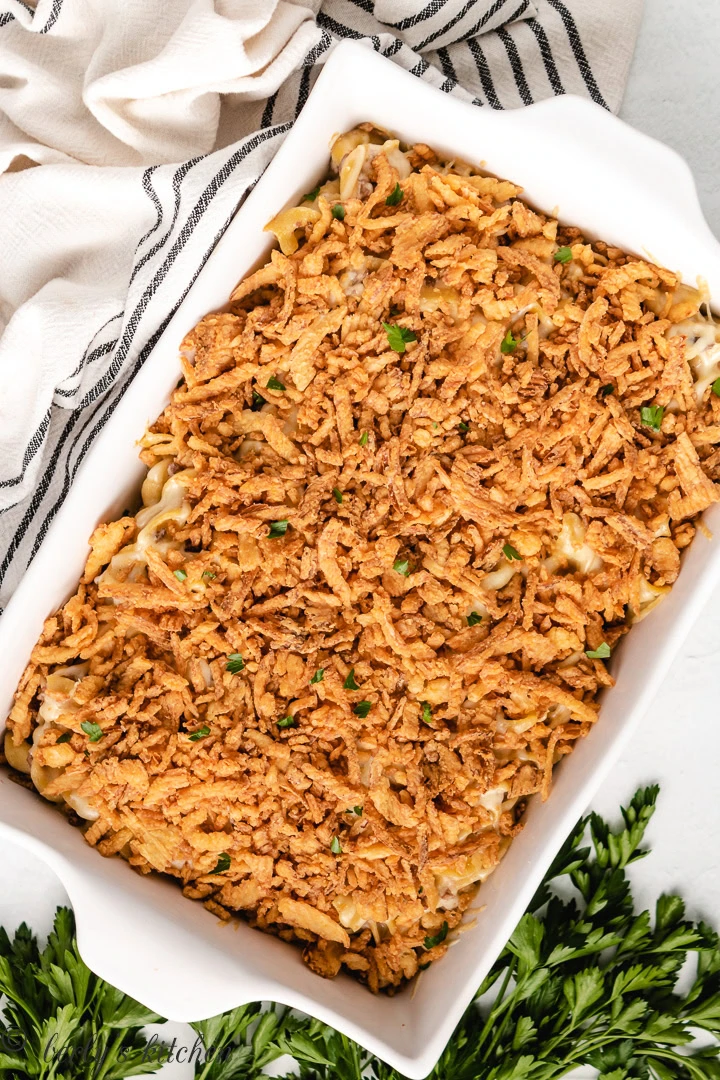 Cheesy French Onion Beef Casserole Ariel view of beef noodle casserole with french fried onions.