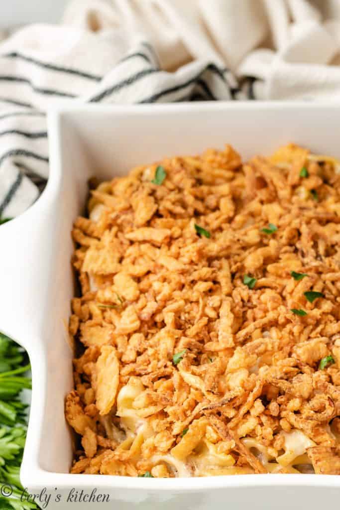 Casserole topped with crispy fried onions in a baking dish.