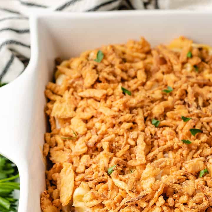 Casserole topped with crispy fried onions in a baking dish.