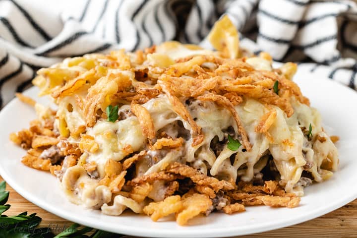 French onion beef casserole on a white plate.