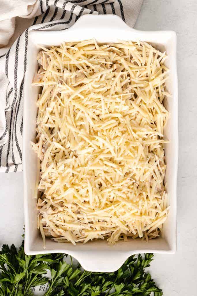 Casserole with shredded cheese.