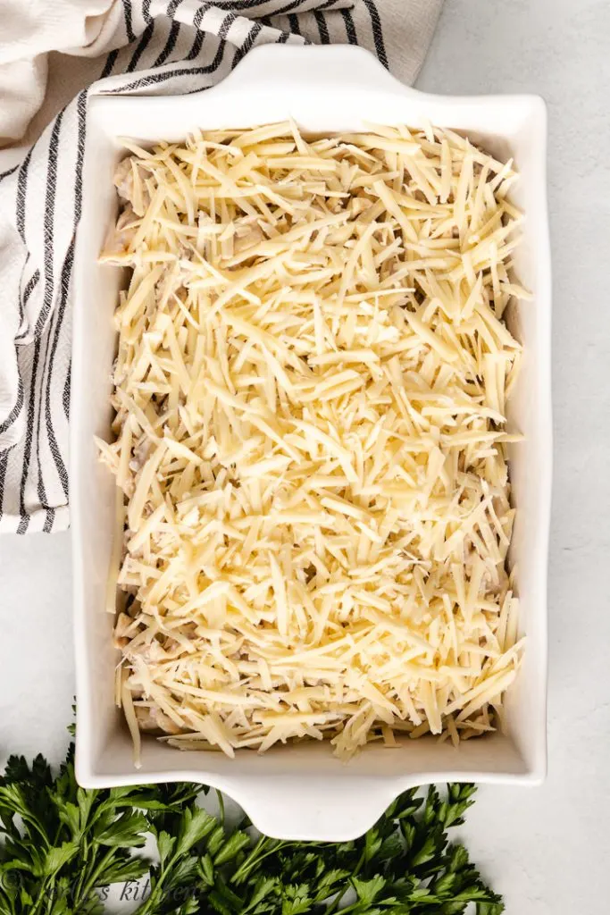 Casserole with shredded cheese.