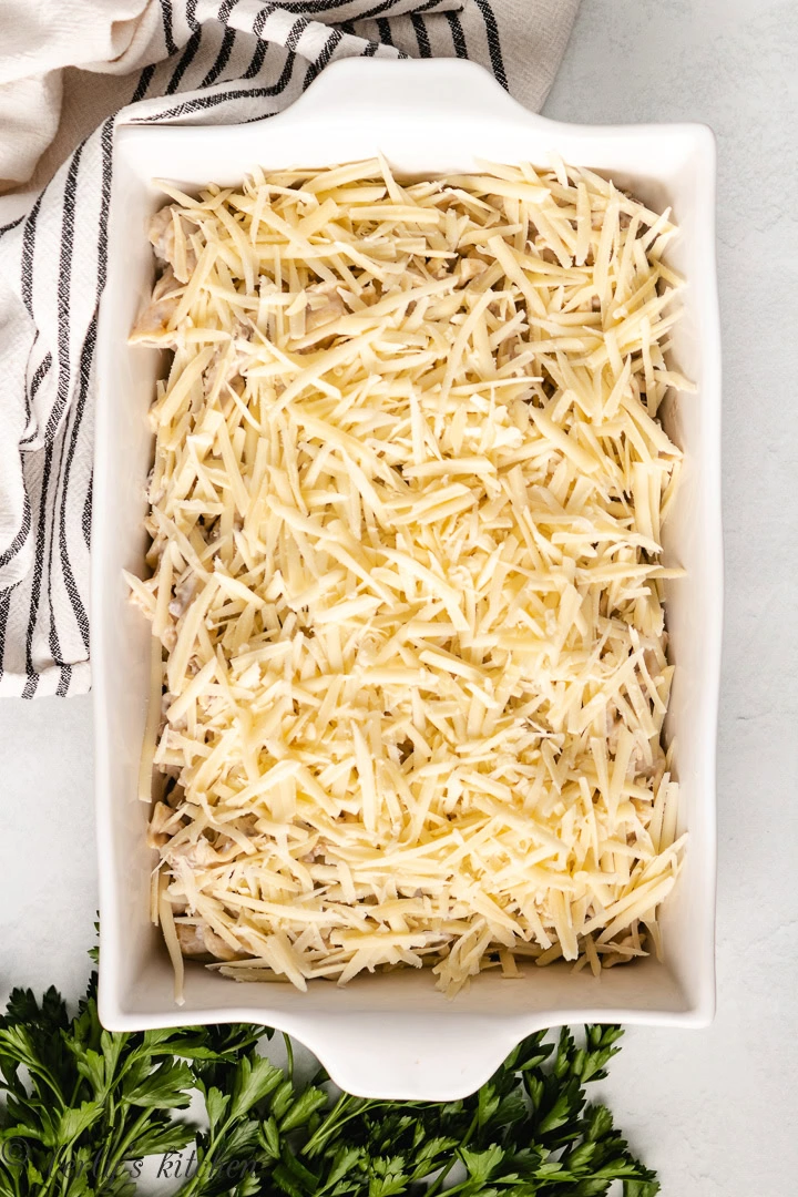 Cheesy French Onion Beef Casserole Casserole with shredded cheese.