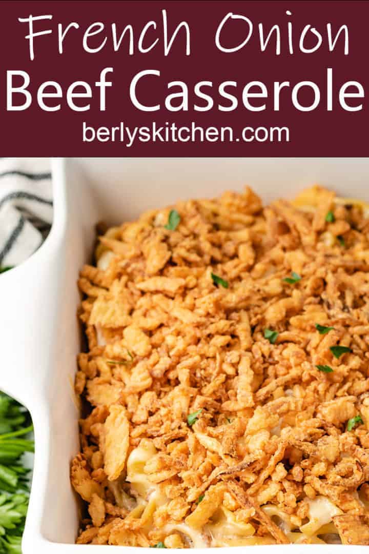 French onion beef casserole in a baking dish.