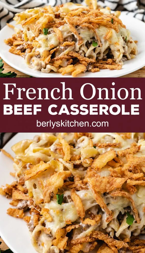 Two photos of French onion beef casserole in a collage.