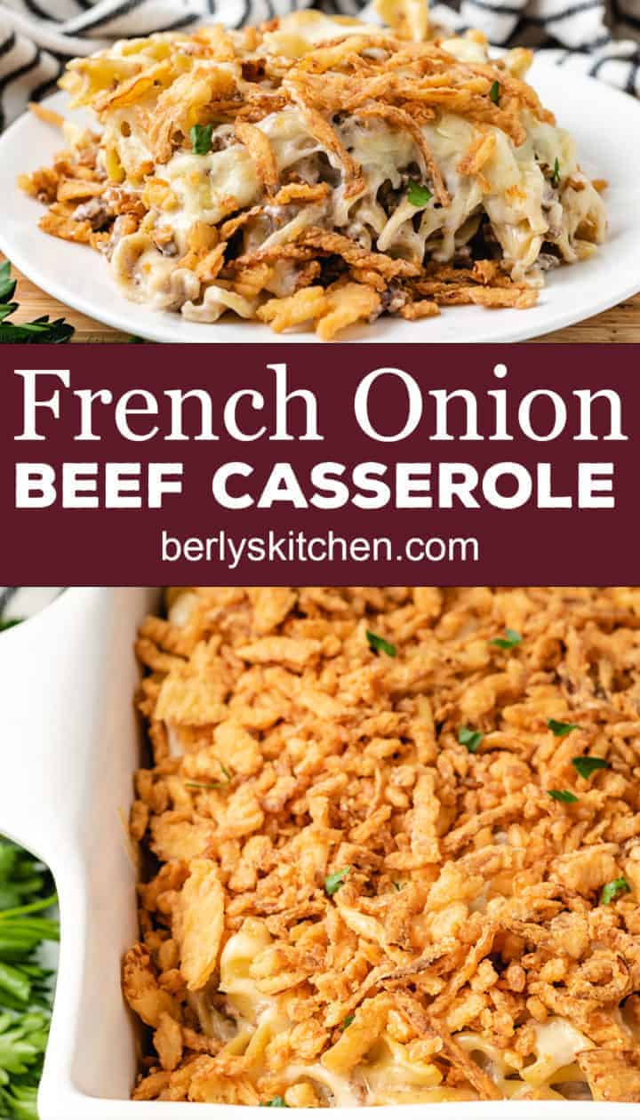 Collage style photo of french onion beef casserole.