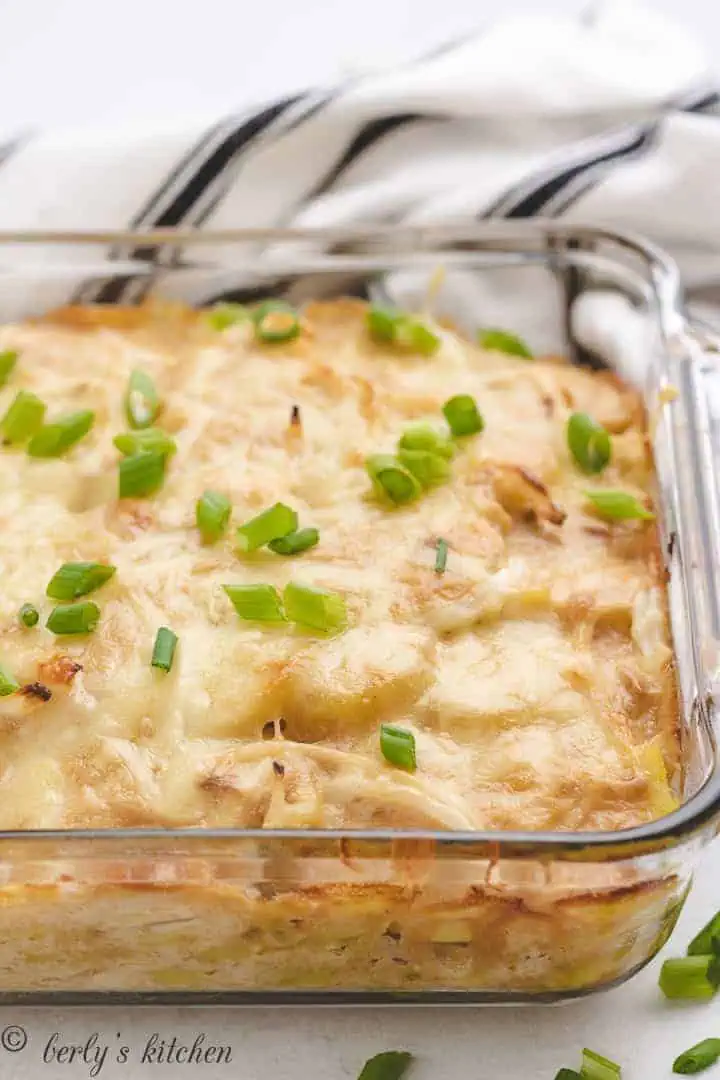 Close up of potato bake in a pan.