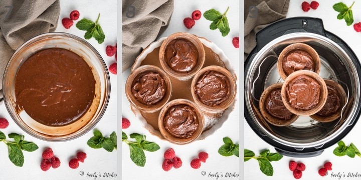 Collage of photos showing lava cake batter in ramekins.