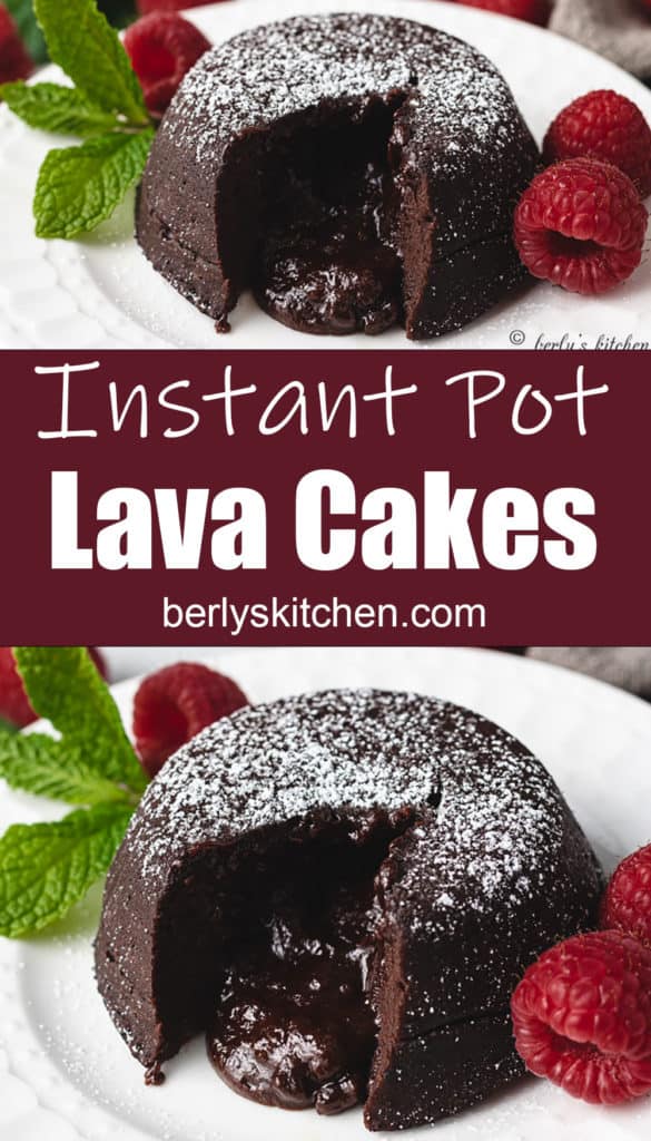 Two lava cakes with powdered sugared and mint.