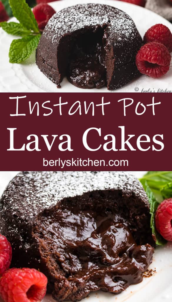 Two collage-style photos of lava cakes on a white plate.